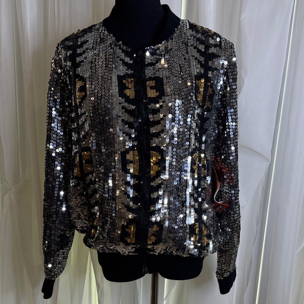 NWT Silver & Gold JEWEL QUEEN Zippered Sequin Jacket, Size L